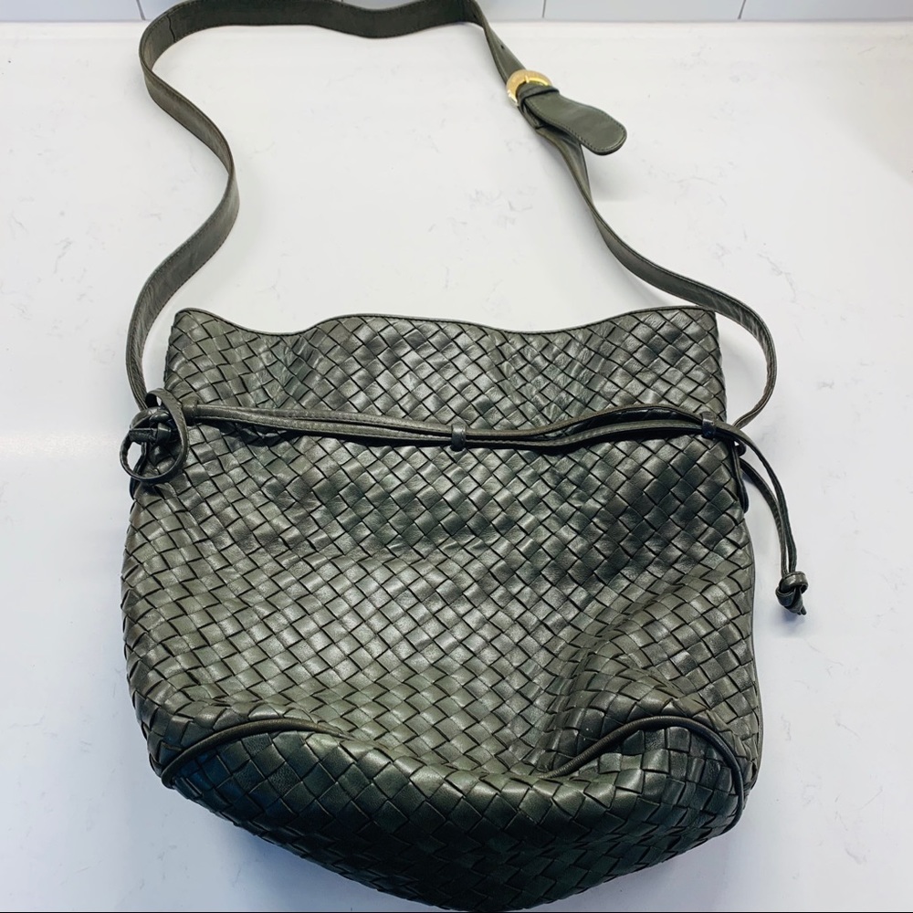 Bottega Veneta Green Woven Leather Bucket Bag